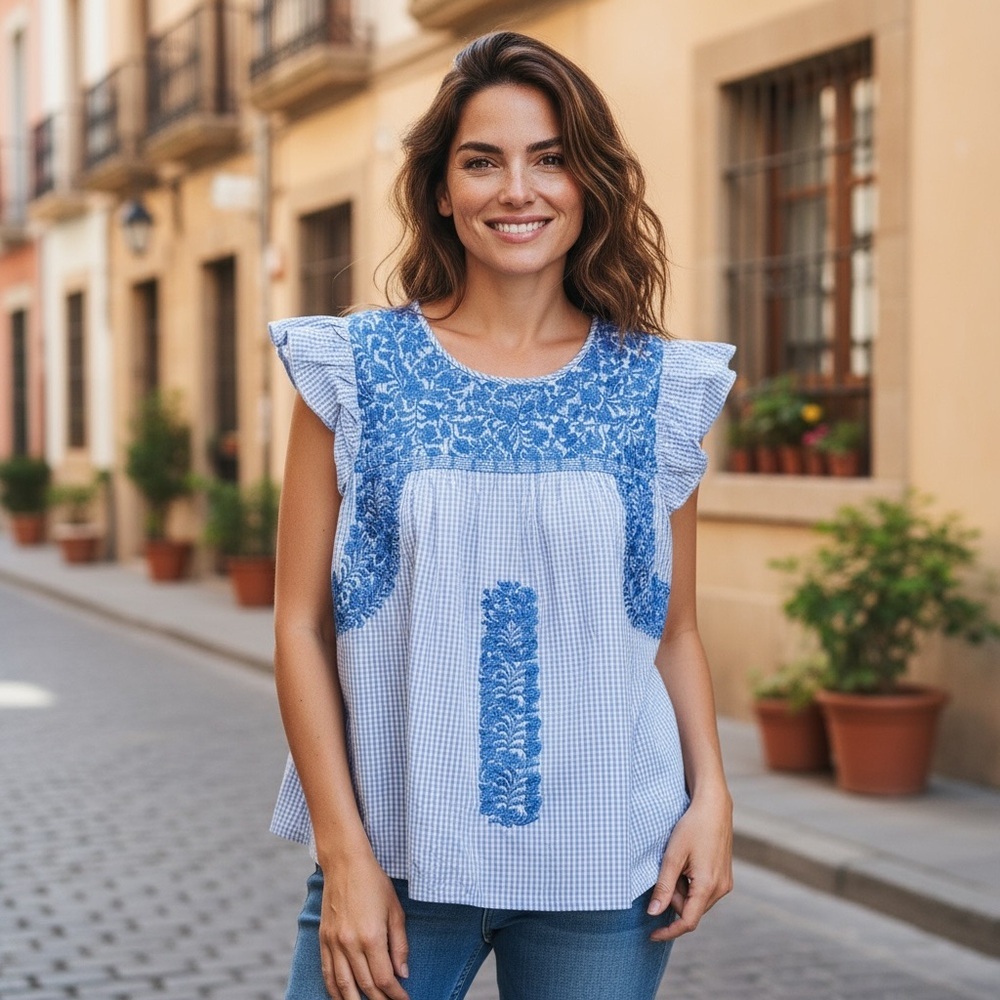 J Marie Plaid Blue Ruffle Sleeves Floral Embroidered needle women's Top Size: S